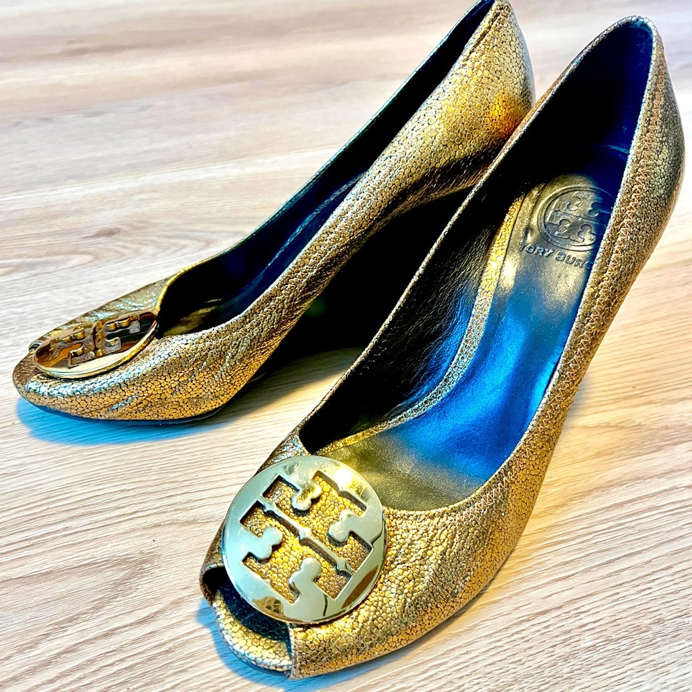 Tory Burch Gold Sally Peep-Toe Wedge
